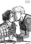  2boys bad_id bad_tumblr_id bara beard_stubble blush closed_eyes collared_shirt couple cris_art ear_piercing from_side greyscale holding_hands hulkling interlocked_fingers kiss long_sideburns male_focus marvel monochrome multiple_boys mustache_stubble piercing shirt short_hair sideburns sketch t-shirt thick_eyebrows toned toned_male upper_body wiccan yaoi 
