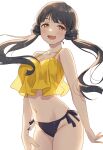  1girl :d bare_arms bare_shoulders bikini black_bikini_bottom black_hair blunt_bangs blush breasts brown_eyes cleavage collarbone cowboy_shot crop_top crop_top_overhang emu_(emum) floating_hair frilled_bikini frilled_tankini frills groin hand_on_own_thigh highres idolmaster idolmaster_million_live! idolmaster_million_live!_theater_days kitakami_reika large_breasts long_hair looking_at_viewer midriff navel open_mouth see-through_silhouette side-tie_bikini_bottom smile solo spaghetti_strap stomach swimsuit tank_top tankini twintails white_background yellow_tank_top 