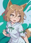  1girl :d absurdres animal_ears breasts brown_eyes commentary_request fox_ears fox_girl fox_tail green_ribbon hair_between_eyes highres kudamaki_tsukasa mandarin_collar medium_breasts nara_(gsx250r_anzio) open_mouth puffy_short_sleeves puffy_sleeves ribbon romper short_sleeves small_breasts smile solo tail touhou upper_body white_romper 