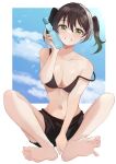  1girl barefoot bikini black_bikini black_shorts blue_sky blurry blurry_background blush breasts cloud cloudy_sky collarbone eyelashes feet green_eyes hair_between_eyes highres holding knees_up legs love_live! love_live!_nijigasaki_high_school_idol_club medium_breasts navel on_ground pukonuu ramune shadow shorts signature sitting sky smile soles solo spread_toes stomach strap_slip swimsuit takasaki_yuu teeth thighs toenails toes twintails 