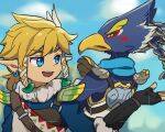  2boys annoyed armor beak bird_boy black_gloves blonde_hair blue_background blue_eyes blue_fur blue_hair blue_scarf blue_shirt blue_sky blurry blurry_background blush_stickers body_fur braid breastplate cloud commentary_request crossed_arms day earrings feather_hair_ornament feathers fingerless_gloves from_behind fur-trimmed_gloves fur-trimmed_shirt fur_collar fur_trim furry furry_male gloves green_eyes hair_ornament hair_tubes half-closed_eyes hand_up happy jewelry link long_sleeves looking_at_another looking_at_viewer male_focus multiple_boys open_mouth outdoors partial_commentary pointy_ears profile quad_tails revali rito scarf shirt short_hair shoulder_pads sidelocks sky smile snowquill_set_(zelda) teeth the_legend_of_zelda the_legend_of_zelda:_breath_of_the_wild two-tone_fur ukata upper_body v-shaped_eyebrows viewfinder white_feathers white_fur 