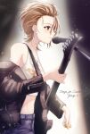  1girl absurdres black_jacket blush breasts brown_hair crop_top electric_guitar forehead from_side guitar highres idolmaster idolmaster_cinderella_girls instrument jacket kimura_natsuki kumatsuki_(no-kirin) leather leather_jacket light_particles light_smile looking_afar microphone plectrum profile small_breasts solo tank_top white_tank_top 