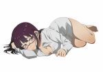  1girl breasts feet fujimiya_sumika_(isekai_ojisan) glasses highres isekai_ojisan large_breasts looking_at_viewer official_art orange_eyes purple_hair shirt short_hair smile white_background white_shirt 