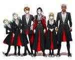  1girl 5boys armor arms_at_sides arms_behind_back black_coat black_dress black_hair black_pants blonde_hair blue_eyes breasts brown_hair circlet clenched_hands cloak coat curious curly_hair dark-skinned_male dark_skin dress easthies_(tongari_boushi_no_atelier) ekoh_(tongari_boushi_no_atelier) etoran_(tongari_boushi_no_atelier) facial_hair full_body galga_(tongari_boushi_no_atelier) green_hair grin hair_between_eyes hair_over_shoulder hand_on_own_hip leaning_to_the_side legs_apart long_hair long_sleeves looking_at_viewer low_ponytail multicolored_hair multiple_boys orange_hair own_hands_together pants ponytail red_cloak shadow shirahama_kamome shirt shoes short_hair siblings side-by-side sidelocks simple_background smile standing straight-on stubble swept_bangs tongari_boushi_no_atelier twins two-tone_hair uluci_(tongari_boushi_no_atelier) uniform utowin_(tongari_boushi_no_atelier) white_background white_hair white_shirt 