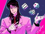  1boy artist_name black_hair black_shirt blue_outline character_name closed_mouth collared_shirt commentary_request dated dice formal gloves highres ichijou_seiya jacket kaiji limited_palette long_hair long_sleeves looking_at_viewer male_focus medium_bangs necktie outline pink_jacket red_necktie shirt smile solo suit unknown03162 upper_body white_gloves 