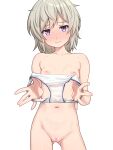  1girl blush breasts closed_mouth collarbone completely_nude cowboy_shot grey_hair high_school_fleet highres holding holding_clothes holding_panties holding_underwear medium_hair navel nipples nude panties presenting_panties purple_eyes pussy simple_background small_breasts solo tateishi_shima underwear white_background white_panties yotubeya 