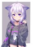  1girl absurdres ahoge amato_0321 animal_ears black_hoodie cat_ears cat_girl collar cropped_hoodie highres hololive hood hood_down hoodie long_sleeves looking_at_viewer nekomata_okayu nekomata_okayu_(1st_costume) purple_eyes purple_hair short_hair virtual_youtuber 