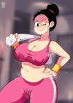  1girl andro_juniarto armpits belly black_hair blurry blurry_background blush breasts chi-chi_(dragon_ball) curvy dragon_ball dragon_ball_z dripping earrings hair_bun hand_on_own_hip highres holding holding_towel jewelry large_breasts messy_hair navel one_eye_closed pale_skin plump shounen_jump signature single_hair_bun smile solo sports_bra sportswear stained_clothes steam steaming_body stomach sweat towel towel_on_one_shoulder wet 