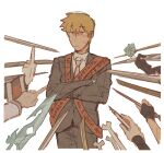  1boy award_ribbon blonde_hair bone closed_mouth commentary crossed_arms elidibus english_commentary english_text fingerless_gloves flower formal fyodor_dostoyevsky_(bungou_stray_dogs) gloves grey_suit holding holding_flower holding_weapon ingo_(pokemon) james_(pokemon) kurapika long_sleeves male_focus middle_finger mob_psycho_100 mp100days necktie out_of_frame pants qifrey_(tongari_boushi_no_atelier) reigen_arataka sakata_gintoki sans short_hair simple_background standing suit sword tartaglia_(genshin_impact) tumblr_sexyman_tournament weapon white_background yor_briar 