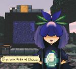  1girl absurdres black_gloves black_hair blush china_dress chinese_clothes covered_eyes dress elbow_gloves english_text flower flower_on_head gloves grape_print highres iesonatana long_hair looking_at_viewer minecraft open_mouth purple_dress purple_flower short_sleeves smile solo speech_bubble touhou unfinished_dream_of_all_living_ghost vine_print yomotsu_hisami 