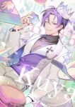  1boy alternate_costume bishounen box bpcc character_name crown food fork gift gift_box happy_birthday heterochromia holding holding_gift kuya_(nu_carnival) long_sleeves looking_at_viewer macaron male_focus mole mole_under_eye nu_carnival parted_lips purple_eyes purple_hair short_hair smile star_(symbol) suit white_suit yellow_eyes 