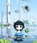  1girl 2others abstract ahoge bee black_hair blue_eyes blue_sky blush bubble bug clear_sky closed_mouth colored_skin drone eli_(chibitoad) ferret flood flower flying flying_saucer gradient_background hair_flower hair_ornament highres horizon in_water lamppost looking_at_viewer mountainous_horizon multiple_others original partially_submerged road_sign robot sign sky soap_bubbles spacecraft traffic_light ufo water white_skin wind_turbine 