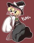  1girl :3 aaaa_(aaaa480) apron black_eyes black_headwear black_skirt black_vest blonde_hair blush bow braid brown_background character_name commentary_request cookie_(touhou) full_body green_bow hair_between_eyes hair_bow hat hat_bow kirisame_marisa long_bangs long_hair long_skirt looking_at_viewer open_mouth outline shirt simple_background single_braid skirt skirt_set sleeves_past_fingers sleeves_past_wrists smile solo touhou vest waist_apron white_apron white_bow white_outline white_shirt witch_hat yuuhi_(cookie) 