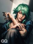  1boy black_pants blue_shirt brown_eyes collared_shirt earrings ezreal gq_(magazine) green_hair heartsteel_(league_of_legends) heartsteel_ezreal highres jewelry league_of_legends long_hair looking_at_viewer male_focus multiple_rings official_art pants parted_lips ring shirt solo third-party_source 