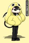  anthro black_eyes black_hair bottomwear canid canine canis chikn_nuggit chikn_nuggit_(chikn_nuggit) clothing cosplay crow_(thedeathcrow) dog_costume hair hi_res male mammal pants simple_background solo spade_tail tail thedeathcrow05 wolf yellow_background 