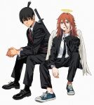  2boys absurdres angel_devil_(chainsaw_man) angel_wings black_eyes black_footwear black_hair black_jacket black_necktie black_pants black_suit blue_footwear brown_eyes brown_hair chainsaw_man collared_shirt dress_shoes duplicate earrings feathered_wings formal full_body hair_between_eyes halo hand_on_own_cheek hand_on_own_face hayakawa_aki head_on_hand highres jacket jewelry katana long_hair long_sleeves looking_at_viewer male_focus multiple_boys necktie own_hands_clasped own_hands_together pants parted_lips shiren_(ourboy83) shirt shoes short_hair short_ponytail sitting sneakers suit suit_jacket sword weapon weapon_on_back white_background white_shirt white_wings wings 