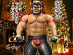  1boy bara beard black_hair briefs bulge christmas christmas_ornaments cigar clothing_cutout crotchless crotchless_pants dark-skinned_male dark_skin ded_(housamo) facial_hair forked_eyebrows glowing_snowflake gon_(gontaku) latex_pants looking_at_viewer male_focus male_underwear mature_male muscular muscular_male navel nipples old old_man pants pectorals red_male_underwear seductive_smile short_hair smile snowflakes solo sparkle stomach thick_thighs thigh_cutout thighs tokyo_afterschool_summoners topless_male underwear 