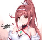  1girl breasts chest_jewel cleavage dated detached_sleeves glimmer_(xenoblade) green_eyes headband high_ponytail highres kyl490 looking_at_viewer medium_breasts red_eyes smile solo xenoblade_chronicles_(series) xenoblade_chronicles_3 