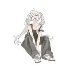  1girl black_overalls black_pants chinese_commentary commentary_request er_(user_yhzm5478) flower_in_mouth frieren full_body green_eyes highres long_hair overalls pants pointy_ears shoes simple_background sitting solo sousou_no_frieren twintails white_background white_footwear white_hair 