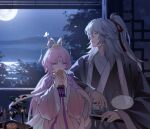  1boy 1girl alternate_costume bow-shaped_hair bug butterfly chinese_clothes eating forehead_jewel fu_xuan_(honkai:_star_rail) full_moon hair_ornament hand_fan hanfu highres holding holding_fan honkai:_star_rail honkai_(series) horizon jing_yuan low_twintails luckylalal mid-autumn_festival moon mooncake night night_sky pink_eyes pink_hair ponytail sky tassel twintails white_hair wide_sleeves yellow_eyes 