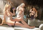  3girls absurdres animal_ears artoria_caster_(fate) artoria_caster_(swimsuit)_(fate) artoria_pendragon_(fate) artoria_pendragon_(swimsuit_ruler)_(fate) artoria_pendragon_(swimsuit_ruler)_(second_ascension)_(fate) bare_shoulders barefoot black_pants blonde_hair blush breasts cleavage closed_mouth collarbone commentary detached_sleeves dress english_commentary fake_animal_ears fate/grand_order fate_(series) feet freed_turing full_body green_eyes hair_ornament hand_up hat highres indoors large_breasts leotard long_hair long_sleeves morgan_le_fay_(fate) morgan_le_fay_(water_princess)_(fate) multiple_girls navel pants playboy_bunny ponytail rabbit_ears sitting smile thigh_strap thighs toes white_dress white_headwear white_leotard 
