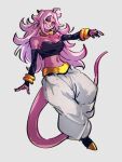  1girl android_21 bare_shoulders black_sclera black_sleeves bracelet breasts choker cleavage colored_sclera colored_skin detached_sleeves dragon_ball dragon_ball_fighterz earrings full_body grey_background hair_between_eyes hoop_earrings jewelry kemachiku long_hair majin_android_21 medium_breasts midriff navel pants pink_hair pink_skin red_eyes simple_background smile solo tail white_pants yellow_choker 
