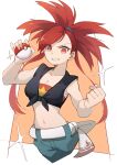  1girl breasts cleavage clenched_hand collarbone cropped_legs flannery_(pokemon) highres holding holding_poke_ball kamatpit looking_at_viewer midriff navel orange_eyes poke_ball poke_ball_(basic) pokemon pokemon_oras red_hair shirt sparkle teeth tied_shirt 