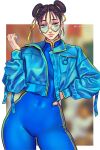  1girl adapted_costume bespectacled blue_bodysuit blue_jacket blue_nails bodysuit brown_eyes brown_hair chun-li commentary contrapposto covered_navel cropped_jacket double_bun earrings english_commentary fingernails glasses hair_bun hand_on_own_hip heart heart-shaped_eyewear highres jacket jewelry lips looking_at_viewer nail_polish red_eyeliner semi-rimless_eyewear short_hair single_vertical_stripe solo standing street_fighter street_fighter_zero_(series) stud_earrings twitter_username under-rim_eyewear wallace_pires yellow-framed_eyewear 