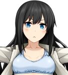  1girl :&lt; asashio_(kancolle) asashio_kai_ni_(kancolle) black_hair blue_bra blue_eyes blush bra breasts commentary_request highres kantai_collection long_hair long_sleeves open_clothes open_shirt photoshop_(medium) ribbon shirt small_breasts solo underwear uron-rei 