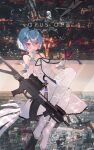  1girl assault_rifle bare_shoulders black_ribbon blue_hair blush cityscape collarbone crown cup dress drinking_glass girls&#039;_frontline gloves gun hair_between_eyes hand_to_own_mouth highres holding holding_cup kalashnikov_rifle looking_at_viewer mini_crown paris purple_eyes red_wine ribbon rifle short_hair solo soukou_makura weapon white_dress white_gloves wine_glass zas_m21_(girls&#039;_frontline) zas_m21_(white_queen)_(girls&#039;_frontline) zastava_m21 