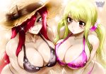  2girls arm_under_breasts bikini blonde_hair blush bow breasts brown_eyes cleavage closed_mouth collarbone erza_scarlet fairy_tail hair_over_one_eye hat hat_bow large_breasts long_hair looking_at_viewer lucy_heartfilia multiple_girls parted_lips red_hair sidelocks smile straw_hat swimsuit the_golden_smurf twintails 