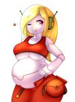 belly big_belly big_breasts blonde_hair breasts cakecatboy cave_story clothing curly_brace female hair hand_on_hip hi_res huge_thighs humanoid looking_aside machine one_eye_closed overweight overweight_female overweight_humanoid red_eyes robot robot_humanoid smile solo standing star thick_thighs tongue tongue_out under_boob white_body wink 