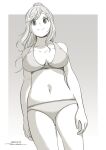  1girl breasts dated fang from_below greyscale hair_ornament hair_scrunchie highres horikou inuyama_aoi large_breasts long_hair monochrome navel ponytail scrunchie sidelocks simple_background skin_fang swimsuit thick_eyebrows white_background yurucamp 
