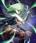  1girl absurdres armor black_armor black_cape black_shorts breastplate brown_pantyhose byleth_(female)_(fire_emblem) byleth_(fire_emblem) cape commentary_request enlightened_byleth_(female) fire_emblem fire_emblem:_three_houses fire_emblem_heroes fire_emblem_warriors:_three_hopes green_eyes green_hair highres holding holding_sword holding_weapon knife long_hair looking_at_viewer navel pantyhose rooru_kyaabetsu short_shorts shorts solo sword thighs weapon 