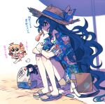  2girls bag bangle barefoot blue_eyes blue_hair bracelet brown_headwear drill_hair hat jewelry long_hair multiple_girls open_mouth orange_hair re_ghotion sandals short_sleeves siblings sisters smile straw_hat sunglasses touhou twin_drills twintails yorigami_jo&#039;on yorigami_shion 