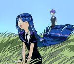  1boy 1girl =_= arm_support behind_another belt black_necktie blue_hair blue_sky blunt_ends collared_shirt commentary_request cosplay crystal_hair day floating_hair gem_uniform_(houseki_no_kuni) gwaaa_4649 hair_ornament hairclip half_updo highres hime_cut houseki_no_kuni jitome kenmochi_touya leaning_forward long_hair looking_at_another necktie nijisanji on_grass open_mouth outdoors parody puffy_short_sleeves puffy_sleeves shirt short_hair short_sleeves sidelocks sitting sky smile sparkle standing thighhighs tsukino_mito v_arms very_long_hair virtual_youtuber white_belt white_shirt white_thighhighs wind 