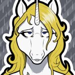  anthro blonde_hair blue_eyes equid equine female fur hair half-closed_eyes headshot_portrait horn implied_transformation long_hair low_res mammal narrowed_eyes portrait raining simple_background solo unicorn unicorn_horn unknown_artist white_body white_fur 