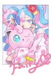  1girl bull_sprite_(pokemon) cardigan choker fairy_miku_(project_voltage) fish_sprite_(pokemon) flower fossil_sprite_(pokemon) hair_flower hair_ornament hatsune_miku heart heart_choker highres jigglypuff long_hair looking_at_viewer mobbbt multicolored_hair nail_polish one_eye_closed pink_cardigan pink_nails pokemon pokemon_(creature) project_voltage scrunchie twintails two-tone_hair v very_long_hair vocaloid wrist_scrunchie 
