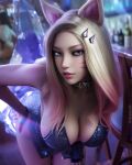  1girl 3d ahri_(league_of_legends) animal_ears bent_over blonde_hair blue_eyes blurry blurry_background breasts crystal_tail facial_mark fingerless_gloves fox_ears fox_girl fox_tail gloves hair_ornament hand_on_own_hip highres k/da_(league_of_legends) k/da_all_out_ahri large_breasts league_of_legends lips long_hair looking_at_viewer parted_lips sequins silver_choker single_fingerless_glove solo tail whisker_markings zoh 