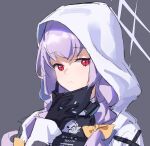  1girl atsuko_(blue_archive) black_gloves blue_archive bow closed_mouth frown gloves grey_background hair_bow halo highres holding holding_mask hood hood_up hooded_jacket jacket ken_rqll long_hair long_sleeves looking_at_viewer mask purple_hair red_eyes respirator simple_background solo white_jacket 