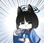  1girl :&lt; animal_ears black_eyes black_hair black_sailor_collar blue_archive blue_halo blue_neckerchief cat&#039;s_cradle cat_ears closed_mouth emphasis_lines halo haori japanese_clothes kikyou_(blue_archive) long_sleeves lowres neckerchief nyaru_(nyaru_4126) sailor_collar school_uniform serafuku short_hair solo upper_body 