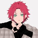 1boy :o bangs_pinned_back commentary_request ear_piercing ensemble_stars! fingernails green_eyes heart heart_hands highres isara_mao jewelry llli_illli_illl long_sleeves looking_at_viewer male_focus open_mouth piercing red_hair ring simple_background sleeves_past_wrists solo upper_body white_background 