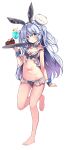  1girl absurdres alternate_costume animal_ears animal_on_head bikini blue_eyes breasts cake chocolate_cake collarbone commentary_request cup drinking_glass fake_animal_ears food fujiwarahatsune gochuumon_wa_usagi_desu_ka? grey_hair hair_between_eyes hair_ornament highres kafuu_chino long_hair navel on_head playboy_bunny small_breasts solo standing swimsuit transparent_background x_hair_ornament 