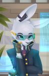  anthro bust_portrait clothing coin cyberpunk eyewear glasses gloves handwear hi-tech hi_res lagomorph leporid male mammal necktie portrait rabbit smeeo solo suit technology 