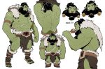  1boy abs bara beard blank_stare character_profile chicken_leg collage colored_skin cross_scar deformed eating facial_hair from_side full_body green_skin huge_pectorals large_pectorals loincloth long_beard looking_at_viewer low-braided_long_hair male_focus mature_male monster_boy multiple_views muscular muscular_male nervous_sweating nipples orc original pectorals pikat pointy_ears reference_sheet scar scar_across_eye scar_on_arm scar_on_back scar_on_chest scar_on_stomach standing stomach strongman_waist surprised sweat thick_eyebrows tied_beard topless_male tusks undressing wide-eyed 