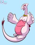  anthro breasts busty_feral collar digital_media_(artwork) female female/female feral generation_2_pokemon god-ale hi_res legendary_pokemon lugia nintendo nipples open_mouth pink_body pink_eyes pink_nipples pink_skin pokemon pokemon_(species) pouch_(anatomy) small_breasts small_nipples solo tail 