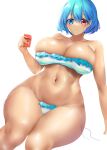  1girl absurdres bikini blue_eyes blue_hair blush breasts cleavage closed_mouth commentary_request frilled_bikini frills heterochromia highres huge_breasts looking_at_viewer lotion navel poke200 red_eyes short_hair simple_background sitting solo sunscreen swimsuit tatara_kogasa thighs touhou undone_bikini variant_set white_background white_bikini 