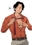 1boy abs absurdres belt black_eyes black_hair cowboy_shot freckles frustrated grey_pants highres looking_at_another male_focus medium_hair necktie one_piece orange_shirt pants partially_unbuttoned pectoral_cleavage pectorals portgas_d._ace red_necktie shirt solo speech_bubble toned toned_male undone_necktie undressing usarinko white_background 