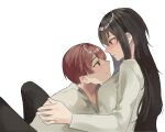  1boy 1girl black_pants blush breasts brown_hair hetero highres hug husband_and_wife large_breasts library_of_ruina long_hair long_sleeves lowell_(library_of_ruina) msx_(mis4xi) pants parted_lips project_moon red_eyes sweat sweater very_long_hair white_sweater xiao_(library_of_ruina) 