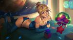  1girl 1other absurdres ass bed blonde_hair blue_eyes breasts cleavage danderfull detached_sleeves folded_hair hair_ornament hair_stick highres holographic_interface looking_at_another lying metroid metroid_(creature) on_stomach parted_lips planet samus_aran smile space strapless thighhighs tube_top window 